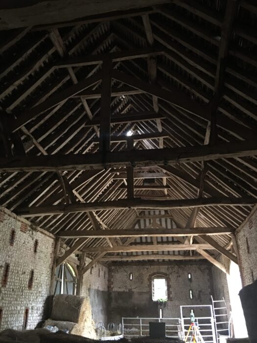 Inside of Columba's Barn. Beautiful early Victorian oak timbering.